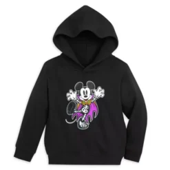 Mickey Mouse Halloween Hoodie front view – featuring Mickey in a vampire costume with a purple cape on a black pullover hoodie.