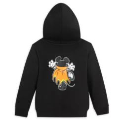"Mickey Mouse Halloween Hoodie back view – showcasing the back of Mickey’s vampire costume with a flowing orange cape on a black hoodie.