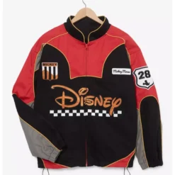 Mickey Mouse Racing Jacket front view with Disney logo and racing-inspired patches.