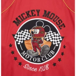 Close-up of Mickey Mouse Racing Jacket back design with embroidered Mickey Mouse Motor Club logo and checkered flags.