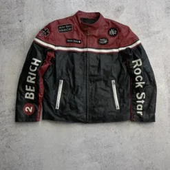 Mile Race Team Nappa Leather Jacket front view featuring bold racing-inspired patches, zipper pockets, and a sleek black and maroon design.