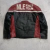 Back view of the Mile Race Team Nappa Leather Jacket with 'MLE Race Team' embroidery, bold stripes, and a classic racing-inspired design.
