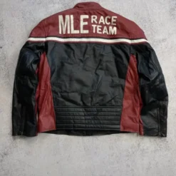 Back view of the Mile Race Team Nappa Leather Jacket with 'MLE Race Team' embroidery, bold stripes, and a classic racing-inspired design.