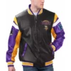 Front view of the Minnesota Vikings Black Varsity Leather Jacket featuring team logo embroidery, bold purple and gold accents, and a sleek black leather design.