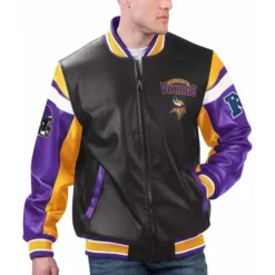 Front view of the Minnesota Vikings Black Varsity Leather Jacket featuring team logo embroidery, bold purple and gold accents, and a sleek black leather design.