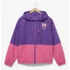Minnie Mouse Color Block Windbreaker Jacket front view in purple and pink with a hood and zipper closure.