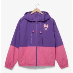 Minnie Mouse Color Block Windbreaker Jacket front view in purple and pink with a hood and zipper closure.