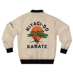 Miyagi Do Karate Bomber Jacket - Back View with Large Bonsai Logo and Sunset
