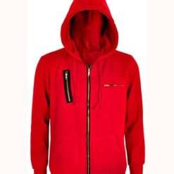Red Money Heist La Casa De Papel hoodie jacket with a zippered front, hood, and stylish zipper accents.