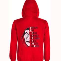 Red Money Heist La Casa De Papel hoodie jacket with a bold Salvador Dalí mask graphic and city names.