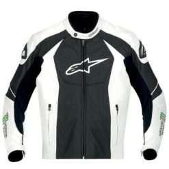 Monster Energy Leather Motorcycle Jacket - Front View with Alpinestars logo.