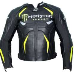 Monster Energy Motorbike Racing Black Jacket front view with bold Monster Energy logo and yellow accents.