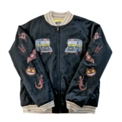 A black velvet jacket with embroidered designs featuring two buses on the chest, cat-like creatures, and beetles along the sleeves.