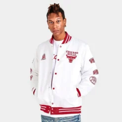 NBA Chicago Bulls Lightweight Jacket in white with red details, featuring team logos and championship patches.