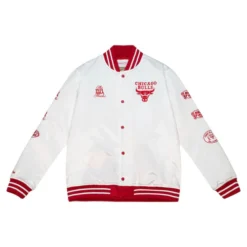 Model wearing the NBA Chicago Bulls Lightweight Jacket, highlighting the detailed embroidery and red trim.