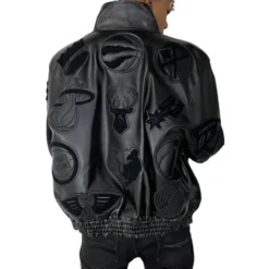 Back view of NBA Collage Leather Black Jacket with embossed NBA team logos.