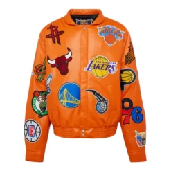 NBA Collage Leather Orange Jacket Front View featuring team logo patches.