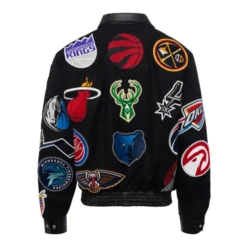 The NBA Collage Wool & Leather Black Jacket is a must-have for basketball enthusiasts. Crafted with a premium wool body and genuine leather sleeves, this jacket boasts a striking black design adorned with official NBA team logo patches on the front. The snap-button closure and ribbed cuffs provide a classic varsity look, making it perfect for casual wear or game nights.