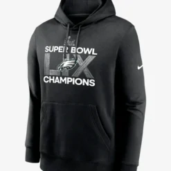 Black NFL Philadelphia Eagles Super Bowl LIX Champions hoodie with a front pouch pocket and team graphics.