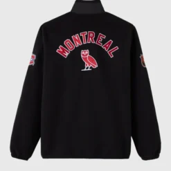 A black NHL Montreal Canadiens jacket featuring "Montreal" in bold red letters with a red owl logo beneath it, and NHL-related patches on both sleeves.