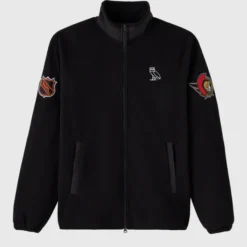 NHL Ottawa Senators Coach’s Jacket front view, featuring a black zip-up design with embroidered logos on the chest and sleeves.