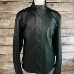 Front view of the NWT Ferrari Driver Jacket in black with a sleek high collar and smooth leather finish.