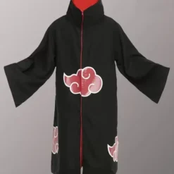 Naruto Akatsuki Cloak - Front View with red cloud patterns and high collar design.