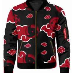 Naruto Akatsuki Sharingan Varsity Bomber Jacket with red cloud and Sharingan eye patterns, black base, and zip-up front.