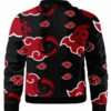 Back view of Naruto Akatsuki Sharingan Varsity Bomber Jacket featuring red cloud and Sharingan eye designs on a black background.