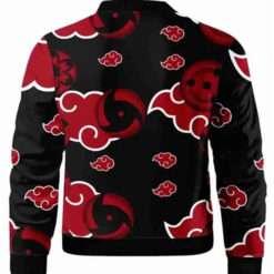 Back view of Naruto Akatsuki Sharingan Varsity Bomber Jacket featuring red cloud and Sharingan eye designs on a black background.