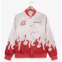 Naruto Shippuden Hokage Flames Bomber Jacket - White and Red Bomber with Konoha symbol and 'Hokage' text on the chest.