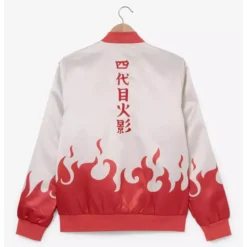 Naruto Shippuden Hokage Flames Bomber Jacket - Back side featuring Fourth Hokage kanji and flame design at the bottom.