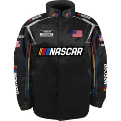 Front view of Nascar Checkered Flag Sports Black Nylon Jacket featuring the embroidered NASCAR logo, American flag patches, and multicolor racing stripe details on the sleeves.