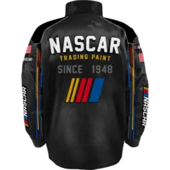 Back view of Nascar Checkered Flag Sports Black Nylon Jacket with 'NASCAR Trading Paint Since 1948' text, multicolor racing stripes, and bold logo details.