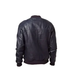 Back view of navy blue bomber-style leather jacket with a smooth finish and ribbed hem.