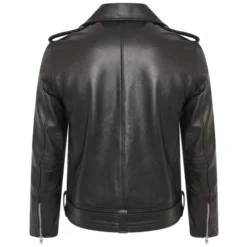 Back view of a black leather biker jacket featuring a smooth panel design with shoulder epaulets and a belted waist.