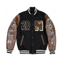 Front view of the Negro League Baseball Bomber Jacket with brown leather sleeves and embroidered patches.