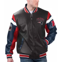 New England Patriots Black Varsity Leather Jacket front view, featuring team logo and bold sleeve design.