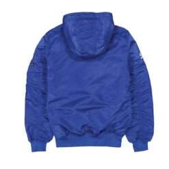 New Era x Alpha Industries Los Angeles Dodgers Parka Jacket back view in royal blue with a hood.