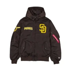 New Era x Alpha Industries San Diego Padres Parka Jacket front view in brown with yellow team logos and red zipper tag.