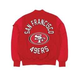 New Era x Alpha Industries San Francisco 49ers MA-1 Jacket back view, featuring large embroidered San Francisco 49ers logo and text.