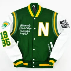 Norfolk State University Motto Varsity Jacket front view, featuring green and white color scheme with embroidered details.