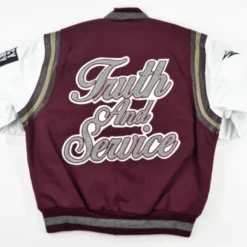North Carolina Central University Motto Varsity Jacket back view, displaying "Truth And Service" in embroidered script.