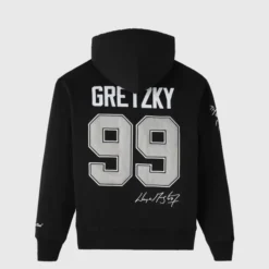 Black OVO Gretzky Icon Hoodie showcasing "Gretzky 99" in bold white lettering, Wayne Gretzky’s signature, and additional embroidery details.