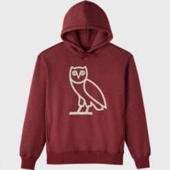Front view of the OVO Icon Speckle Fleece Burgundy Hoodie featuring the signature owl logo.