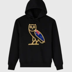 Black OVO International OG Australia Hoodie featuring a gold owl logo with the Australian flag.