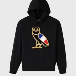 Black OVO International OG France Hoodie with embroidered gold owl logo featuring the French flag.