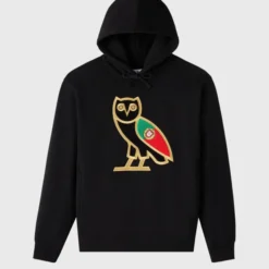 Black OVO International OG Portugal Hoodie featuring a gold-trimmed owl logo with the Portuguese flag on the wing.