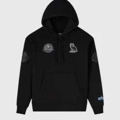 Black OVO NBA All-Star 2025 hoodie featuring embroidered OVO owl logo and All-Star patches.