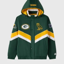 OVO NFL Green Bay Packers Puffer Jacket featuring team logos, OVO owl emblem, and a hooded design.
